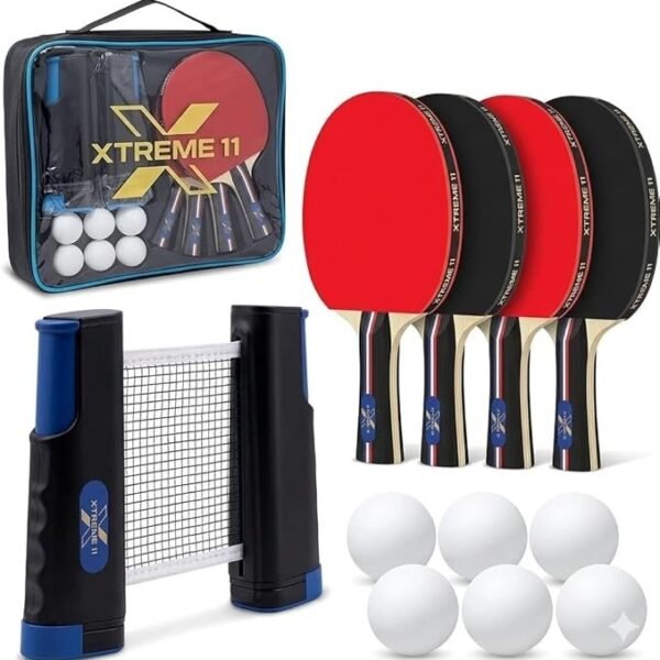 Pro Table Tennis Set, Retractable Net, Balls and Carry Case for Home, Office, Travel, Recreational, Professional Play - 4 Advanced Grade Paddles ITTF Certified Rubber & 6 Tennis Balls | ITTF Certified Rubber on the Paddle